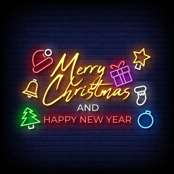 Neon Style Vector Illustration Lettering Merry Christmas Happy New Year — стоковый вектор