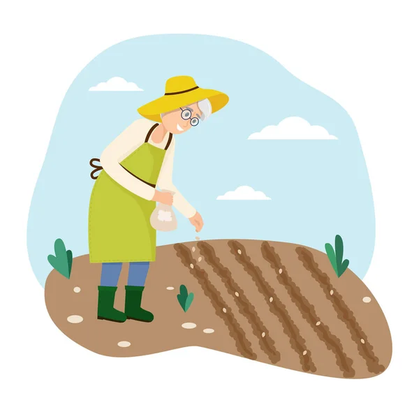 Old woman sows grain. Vector illustration flat design. Isolated on white background. — Stock Vector