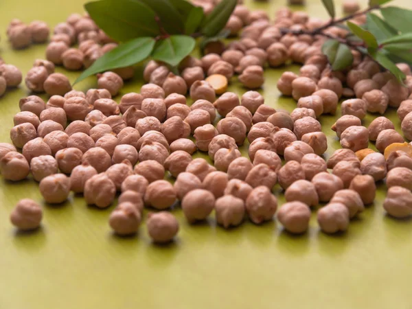 Cheakpeas with a leaf on green background — Stock Photo, Image