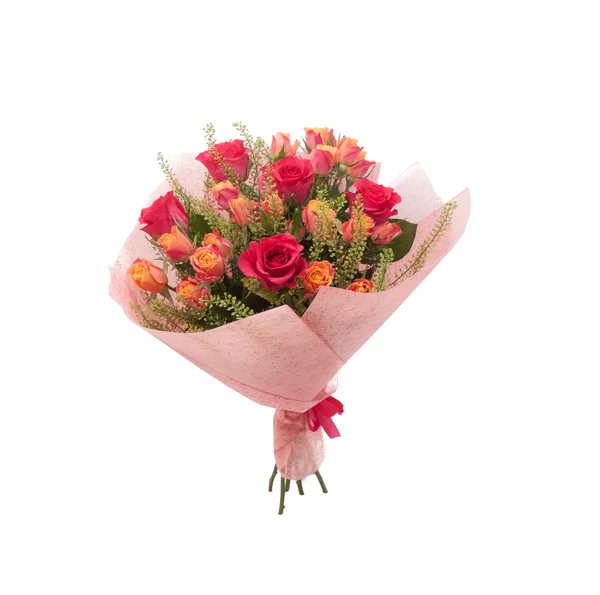 Bunter Strauß rosa Rosen und orangefarbene Sprührosen Stockbild