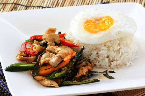 Pollo albahaca frito con huevo frito y arroz —  Fotos de Stock