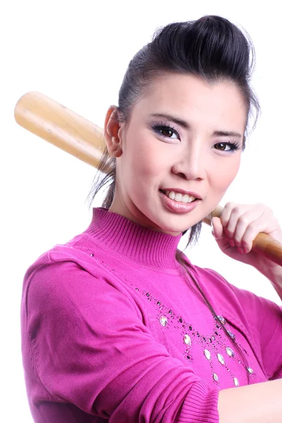 Donna asiatica con mazza da baseball — Foto Stock