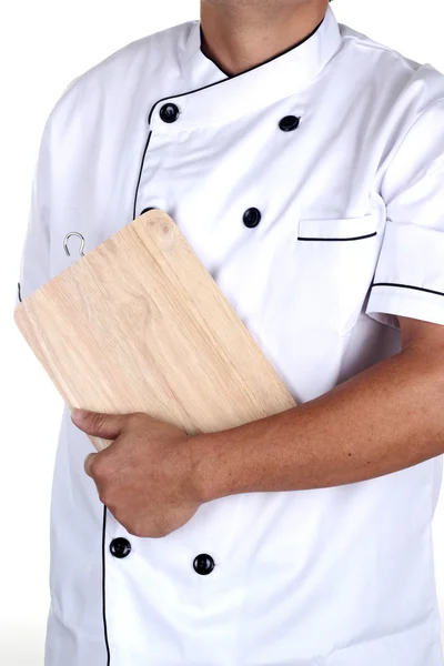 Chef holding the wooden block — Stock Photo, Image
