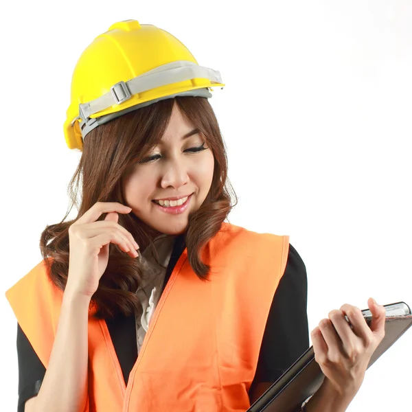 Engenheira mulher e Tablet em sua mão — Fotografia de Stock