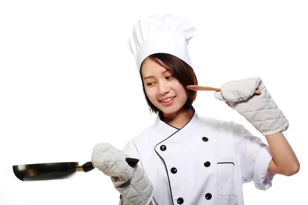 Jovem e feliz menina bonita cozinhar — Fotografia de Stock