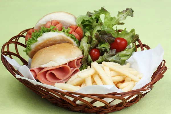 Freshly Hamburger in a basket — Stock Photo, Image