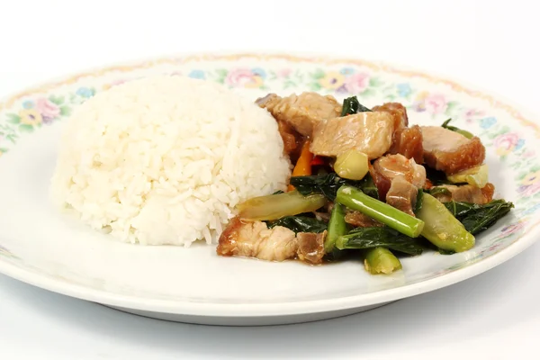 Stir fried kale Crispy pork with steamed rice — Stock Photo, Image