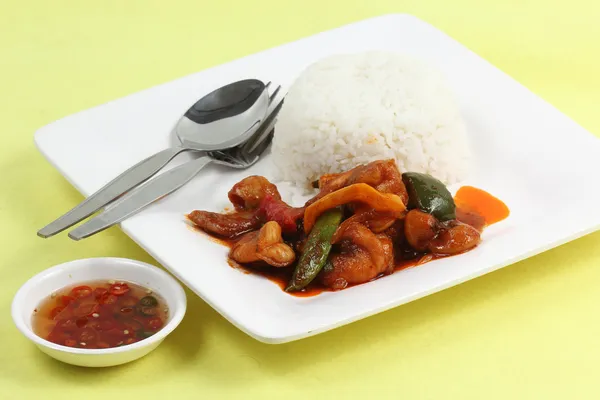 Closed up Stir fried seafood with chili paste and steam rice — Stock Photo, Image