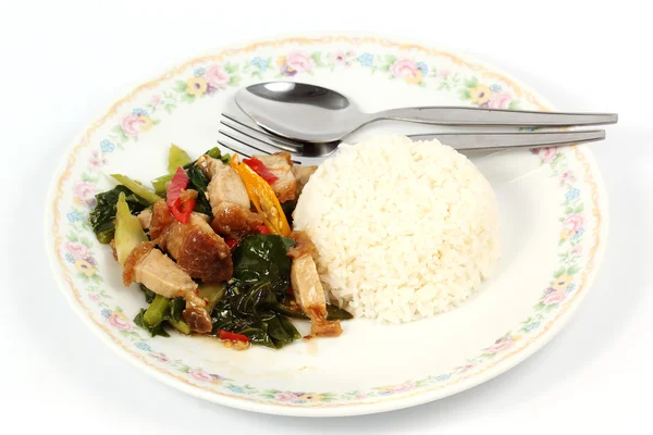 Gebratenes Grünkohl-Knusperfleisch mit gedünstetem Reis umrühren — Stockfoto