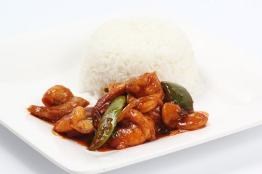 kapalı kadar kızarmış deniz ürünleri chili yapıştır ile karıştırın ve Buhar pirinç