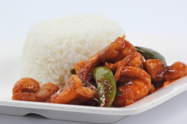 kapalı kadar kızarmış deniz ürünleri chili yapıştır ile karıştırın ve Buhar pirinç