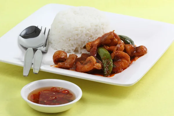 Stir fried seafood with chili paste and steam rice — Stock Photo, Image