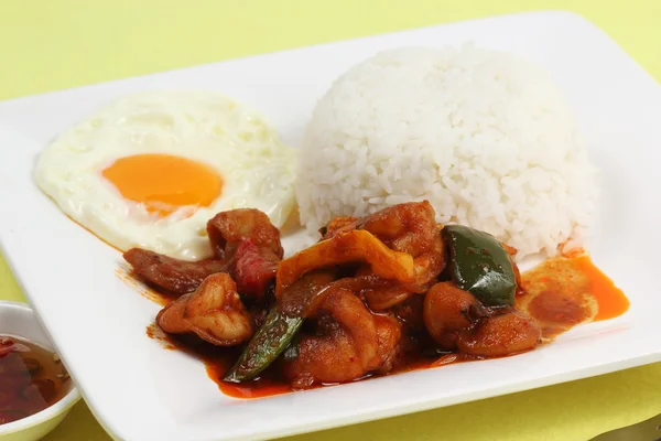 Stir fried seafood chili paste with fried egg and steam rice — Stock Photo, Image