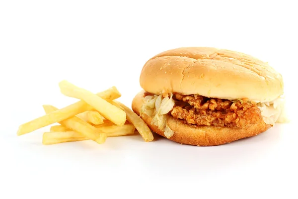 Ostry kurczak burger i francuski smażone — Zdjęcie stockowe