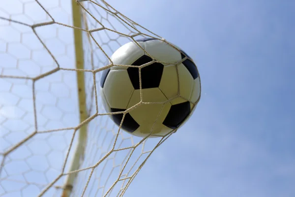 Fútbol balón de pie en la red de gol — Foto de Stock