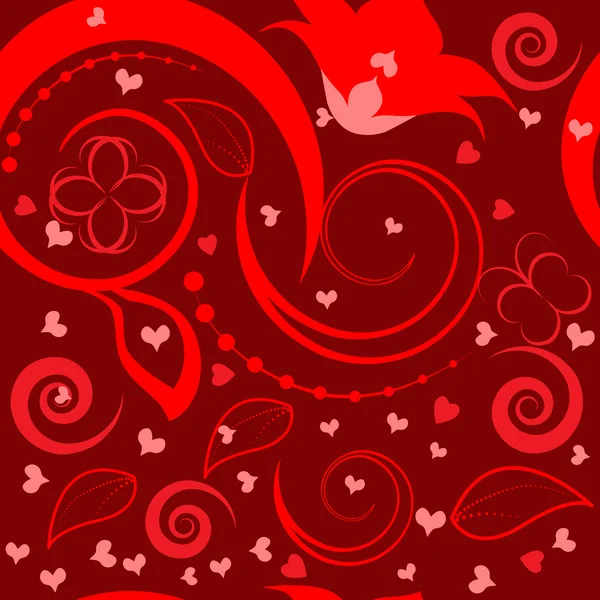 Seamless red background with flowers and heart — Stock Vector