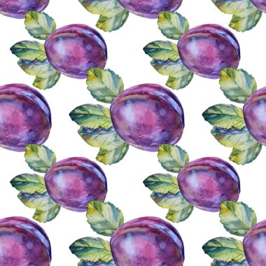 Kusursuz desenli suluboya mor meyveli erik ve beyaz yapraklı. El yapımı sonbahar tatlı yemekleri. Menü, dükkan, ambalaj, kafe, tekstil, eskiz defteri için yaratıcı sanat öğesi