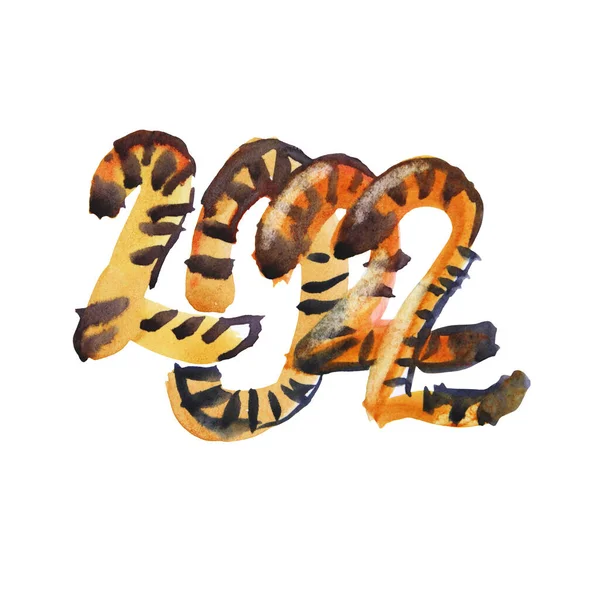 Tigre astratta numero 2022 disegnata a mano ad acquerello isolata su sfondo bianco. Simbolo cinese nuovo anno. Animale arancione con strisce nere. Clipart creativo per Natale, celebrazione, invito — Foto Stock
