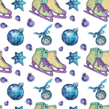 Kusursuz desenli suluboya el yapımı mavi Noel süsleme topu, artistik patenler, yıldızlar, beyaz üzerine yaban mersini. Yeni yıl için yaratıcı bir geçmiş, parti, kutlama, paketleme