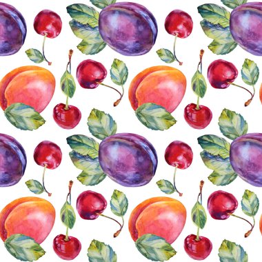 Kusursuz desenli suluboya mor meyve eriği, kiraz, kayısı ve beyaz üzerine yeşil yapraklar. El yapımı sonbahar tatlı yemekleri. Komposto, menü, kafe, eskiz defteri için yaratıcı öge
