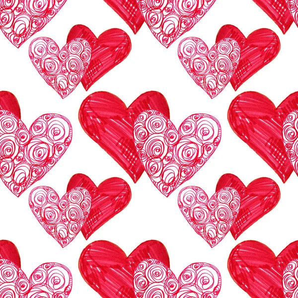 白の上にシームレスなパターン2つの赤いハート。手描きのマーカー素朴なアート。渦巻き線を。バレンタインデー、カード、お祝い、 8 3月、繊維、結婚式、包装のための創造的なデザインの背景 — ストック写真