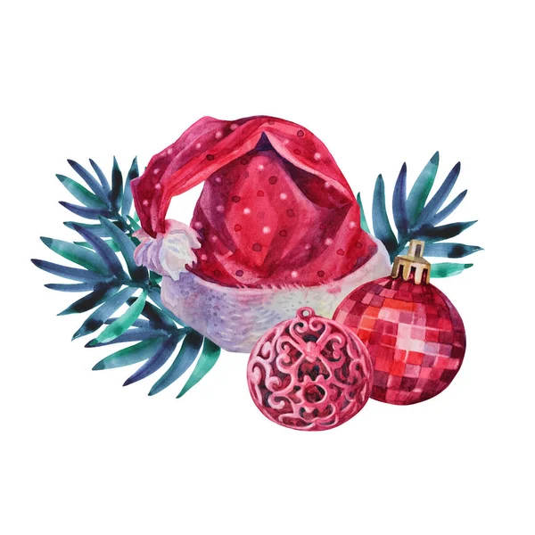 Suluboya kırmızı Noel ağacı, süsleme balosu, beyaz arka planda Noel Baba için izole edilmiş şapka. Kutlama, yeni yıl, kart, etiket, ambalaj, duvar kağıdı, davet için elle çizilmiş öge parçası — Stok fotoğraf