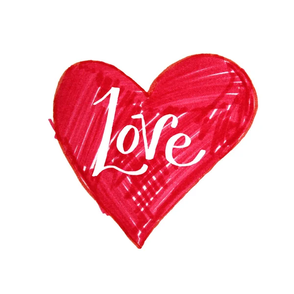 Červené srdce s nápisem láska izolované na bílém pozadí. Ručně kreslený marker naivní umění. Ozdobná linie víření. Creative clipart for valentines day, card, celebration, 8 March, sticker — Stock fotografie