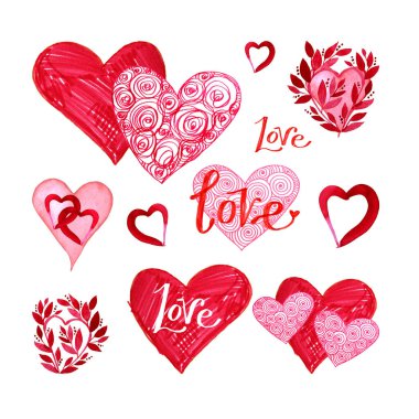 Kırmızı kalbi, beyaz arka planda izole edilmiş aşk kelimesinin harfleriyle ayarla. El çizimi saf sanat. Girdap çizgisi süsleyin. Sevgililer Günü için yaratıcı bir klip, kart, kutlama, 8 Mart, çıkartma, düğün