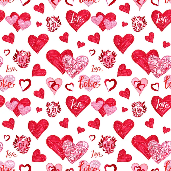 Seamless pattern red heart with lettering word love on white background. Hand drawn marker naive art. Ornate swirl line. Creative clipart for valentines day, card, celebration, 8 March, wedding — Stock Photo, Image