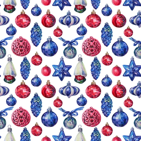 Nahtloses Muster Aquarell handgezeichnet blau rot glänzende Weihnachtsdekoration Kugel und Haus mit Schnee auf weißem Hintergrund. Kreativer Spielzeugclip für Neujahr, Feier, Tapete, Verpackung, Skizzenbuch — Stockfoto