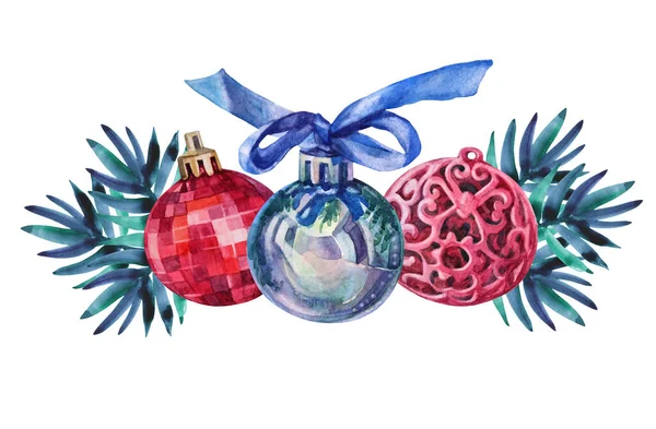 Aquarell handgezeichnet rot blau silber glänzende Dekorationskugel und Weihnachtsbaumzweig isoliert auf weißem Hintergrund. Kreativer Spielzeugclip für Neujahr, Party, Feier, Aufkleber, Skizzenbuch Stockbild