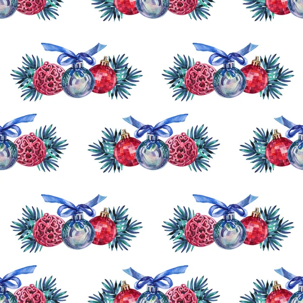 Απρόσκοπτη ακουαρέλα σχέδιο ζωγραφισμένα στο χέρι κόκκινο μπλε ασημί γυαλιστερή μπάλα διακόσμηση και το κλαδί χριστουγεννιάτικο δέντρο σε λευκό φόντο. Δημιουργικό παιχνίδι για το νέο έτος, κόμμα, γιορτή, αυτοκόλλητο, ταπετσαρία — Φωτογραφία Αρχείου