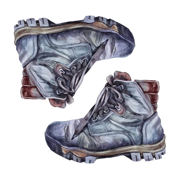 รองเท้าบู๊ตสีน้ําสีดําและสีน้ําตาลที่แยกจากพื้นหลังสีขาว รองเท้าป้องกันกองทัพทหาร วินเทจโบราณ คลิปปาร์ตที่วาดด้วยมือสร้างสรรค์สําหรับร้านค้า การ์ด สติ๊กเกอร์ วอลล์เปเปอร์ — ภาพถ่ายสต็อก