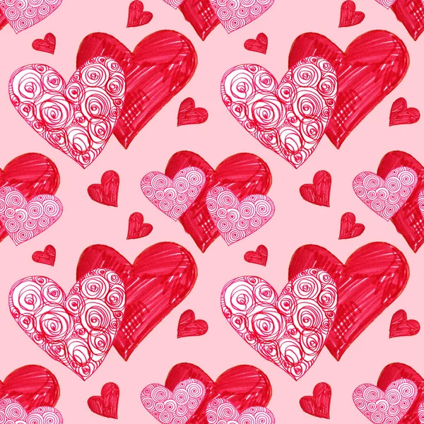 Nahtloses Muster rotes Herz auf rosa. Handgezeichnete Marker naive Kunst. Ornate Wirbellinie. Kreativer Design-Hintergrund für Valentinstag, Karte, Feier, 8. März, Textil, Hochzeit, Verpackung — Stockfoto