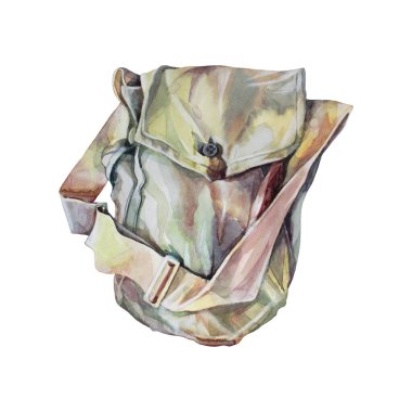 Beyaz arka planda izole edilmiş gaz maskesi için suluboya bej çanta. Ordu için askeri unsur, takipçi, kıyamet sonrası dünyası, hayatta kalma. Nükleer savaş için üniforma, radyasyon, zehirli zehir. El çizimi sanat