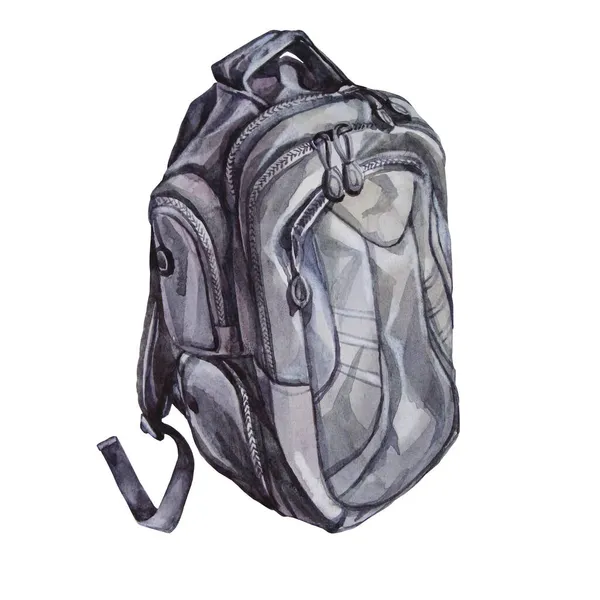 Aquarell schwarzer Militärtourismus-Rucksack der Armee isoliert auf weißem Hintergrund. Zurück zur Schule. Handgezeichnetes Cliparts-Objekt für Reise, Picknick, Aufkleber, Tapete, Karte, Verpackung, Skizzenbuch — Stockfoto