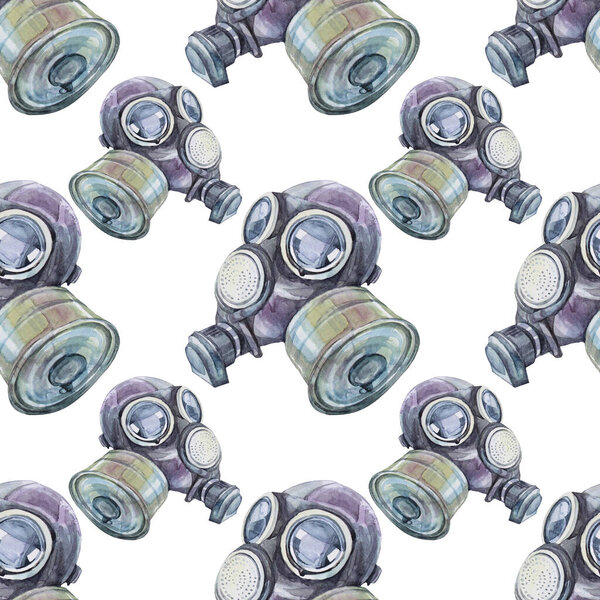 Seamless pattern watercolor gas mask isolated on white background. Military filter respirator for stalker, post-apocalyptic world, survival. Protective uniform for nuclear war, radiation, poison