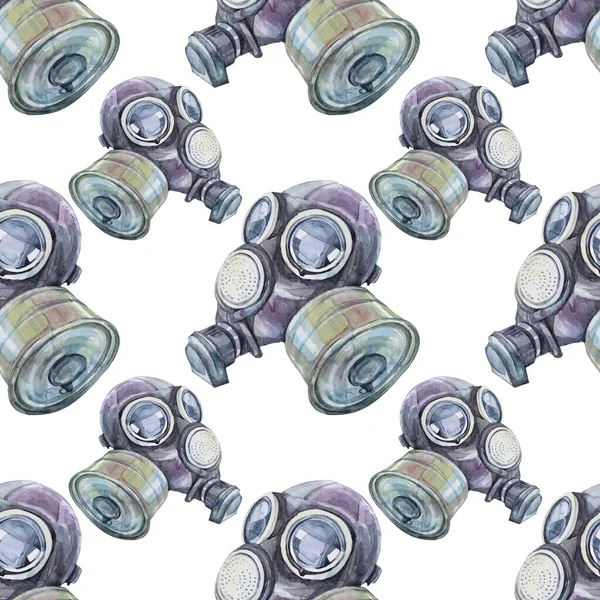 Seamless pattern watercolor gas mask isolated on white background. Military filter respirator for stalker, post-apocalyptic world, survival. Protective uniform for nuclear war, radiation, poison Royalty Free Stock Images