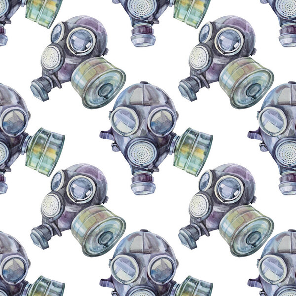 Seamless pattern watercolor gas mask isolated on white background. Military filter respirator for stalker, post-apocalyptic world, survival. Protective uniform for nuclear war, radiation, toxic