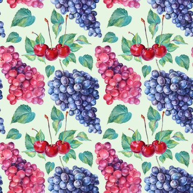 Kusursuz desenli suluboya el çizimi böğürtlen: mor kırmızı üzüm ve mavi arka planda yeşil yapraklı kiraz. Yaz sonbahar tatlı yemekleri. Tatlı tatlı. Menü için sanat, duvar kağıdı, ambalaj, eskiz defteri