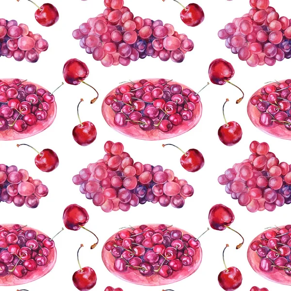 Безшовний візерунок акварельних ягід, намальованих вручну: червоний виноград і вишня на тарілці на білому тлі. Літня осінь солодка їжа. Милий десерт. Мистецтво для меню, шпалер, обгортання, ескізу, текстилю — стокове фото