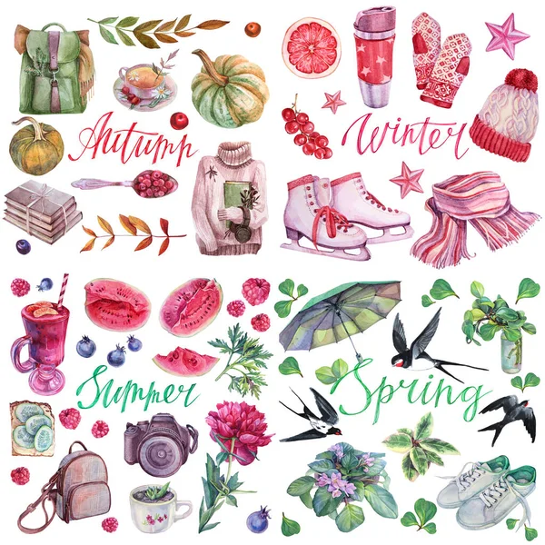 Acuarelă clipart pentru calendar toamnă, iarnă, primăvară, obiect de vară izolat pe fundal alb. Alimente, îmbrăcăminte, natura, planta, fructe de padure. Element desenat manual pentru schiță, carte de colorat cărți — Fotografie, imagine de stoc