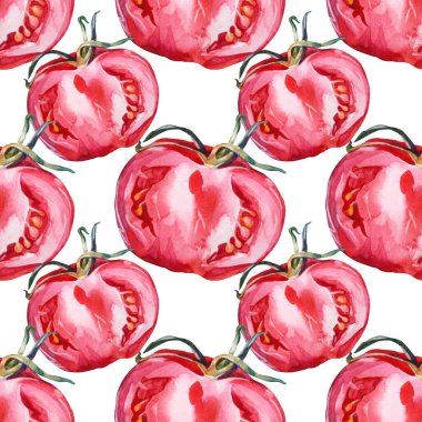 Kusursuz desenli, beyaz arka planda yarım domates dilimi. Suluboya kırmızı el çizilmiş sebze. Ketçap pişirmek için sağlıklı yemek. Menü kitabı mutfak çocuğu duvar kağıdı ambalajı, kafe için yaratıcı sanat