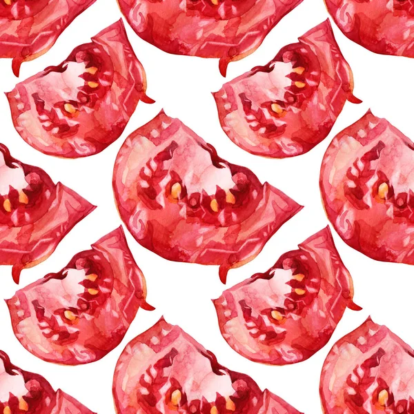 Patrón sin costuras rebanada de tomate sobre fondo blanco. Acuarela roja dibujada a mano vegetal. Comida saludable para cocinar ensaladas o ketchup. Arte creativo para menú cocina libro niño papel pintado, envoltura, café —  Fotos de Stock