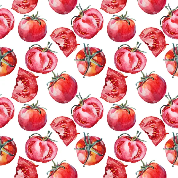 Naadloos patroon snijd tomaat op witte achtergrond. Aquarel rood met de hand getekende groente. Gezond voedsel voor salade koken ketchup. Creatieve kunst voor menu kookboek keuken kind behang wikkeling, cafe — Stockfoto