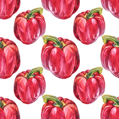 Beyaz arka planda kusursuz suluboya kırmızı dolma biber. Yemek kitabı menüsü için el yapımı tatlı sebze. Kafe duvar kâğıdı eskiz defteri için yaratıcı baharatlı kırmızı bibere tırman