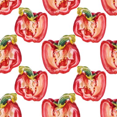 Beyaz arka planda kusursuz suluboya kırmızı dolma biber. Yemek kitabı menüsü için el yapımı tatlı sebze. Kafe duvar kâğıdı eskiz defteri kartı için yaratıcı baharatlı kırmızı biber tırman