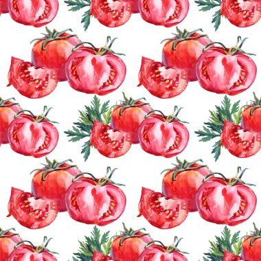 Kusursuz desenli suluboya kırmızı domates ve yeşil maydanozlu beyaz arka plan. Salata ya da yemek pişirmek için el yapımı sebze. Menü kitabı mutfağı için yaratıcı sanat, eskiz kitabı çocuğu, kafe