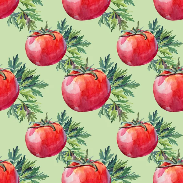 Naadloos patroon aquarel rood met de hand getekende tomaat en groen peterselie op groene achtergrond. Gezond voedsel groente voor salade of koken. Creatief clipart voor menu kookboek keuken, cafe — Stockfoto