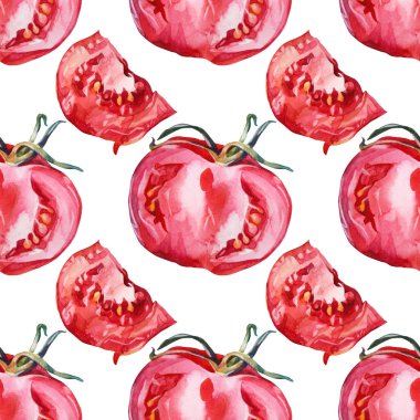 Kusursuz desenli, beyaz arka planda yarım domates dilimi. Suluboya kırmızı el yapımı sebze. Ketçap pişirmek için sağlıklı yemek. Menü yemek kitabı mutfak duvar kağıdı ambalajı, kafe için yaratıcı sanat